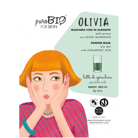 OLIVIA Maschera viso viso in alginato (peel off) per Pelle Grassa LATTE DI SPIRULINA - puroBIO FOR SKIN